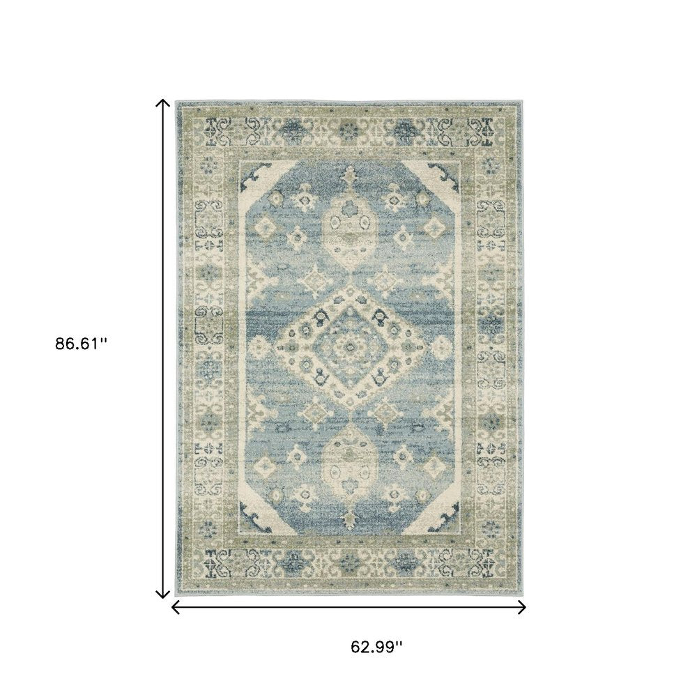 5' X 7' Blue And Beige Oriental Distressed Area Rug