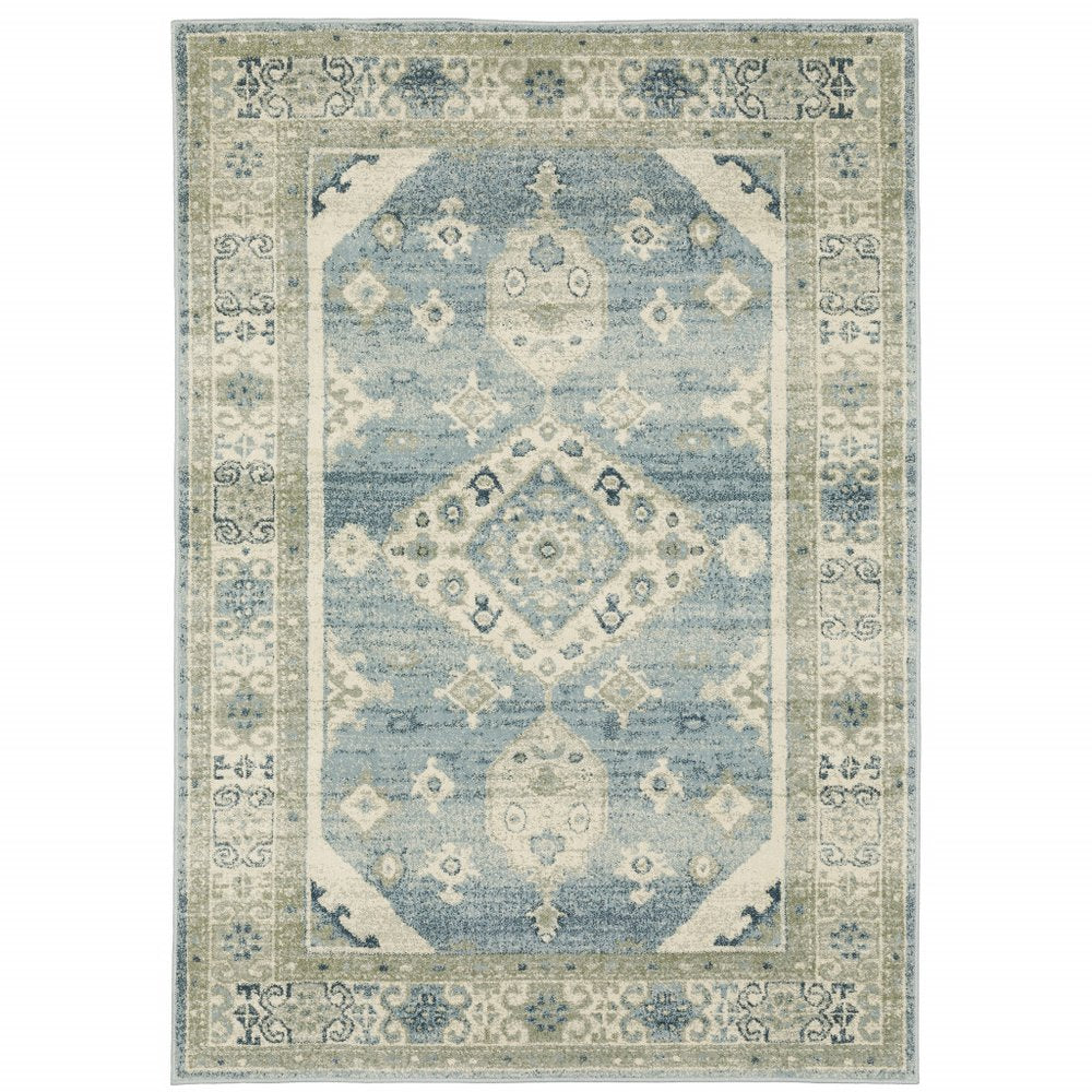5' X 7' Blue And Beige Oriental Distressed Area Rug