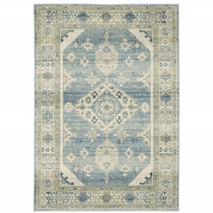 5' X 7' Blue And Beige Oriental Distressed Area Rug
