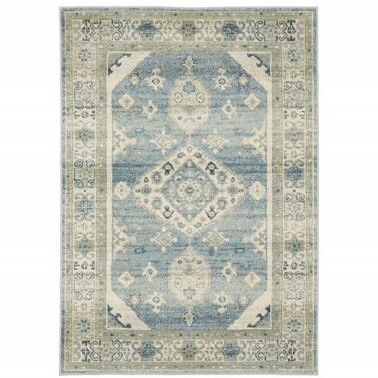 5' X 7' Blue And Beige Oriental Distressed Area Rug