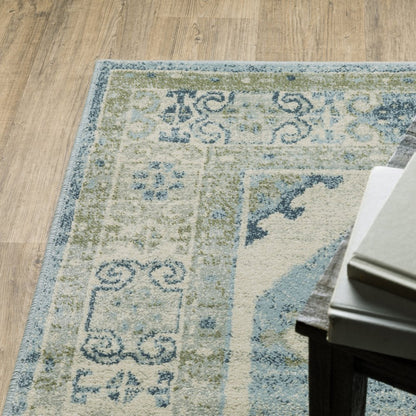 Rectangular blue and beige oriental distressed area rug with an ornate border and medallion motifs.