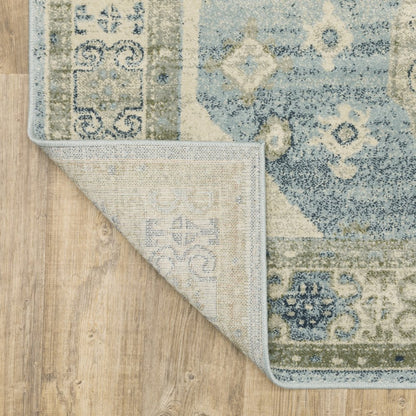 5' X 7' Blue And Beige Oriental Distressed Area Rug
