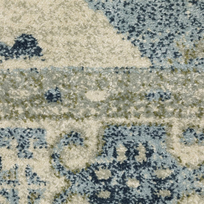 5' X 7' Blue And Beige Oriental Distressed Area Rug