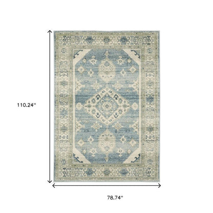 7' X 9' Blue And Beige Oriental Area Rug