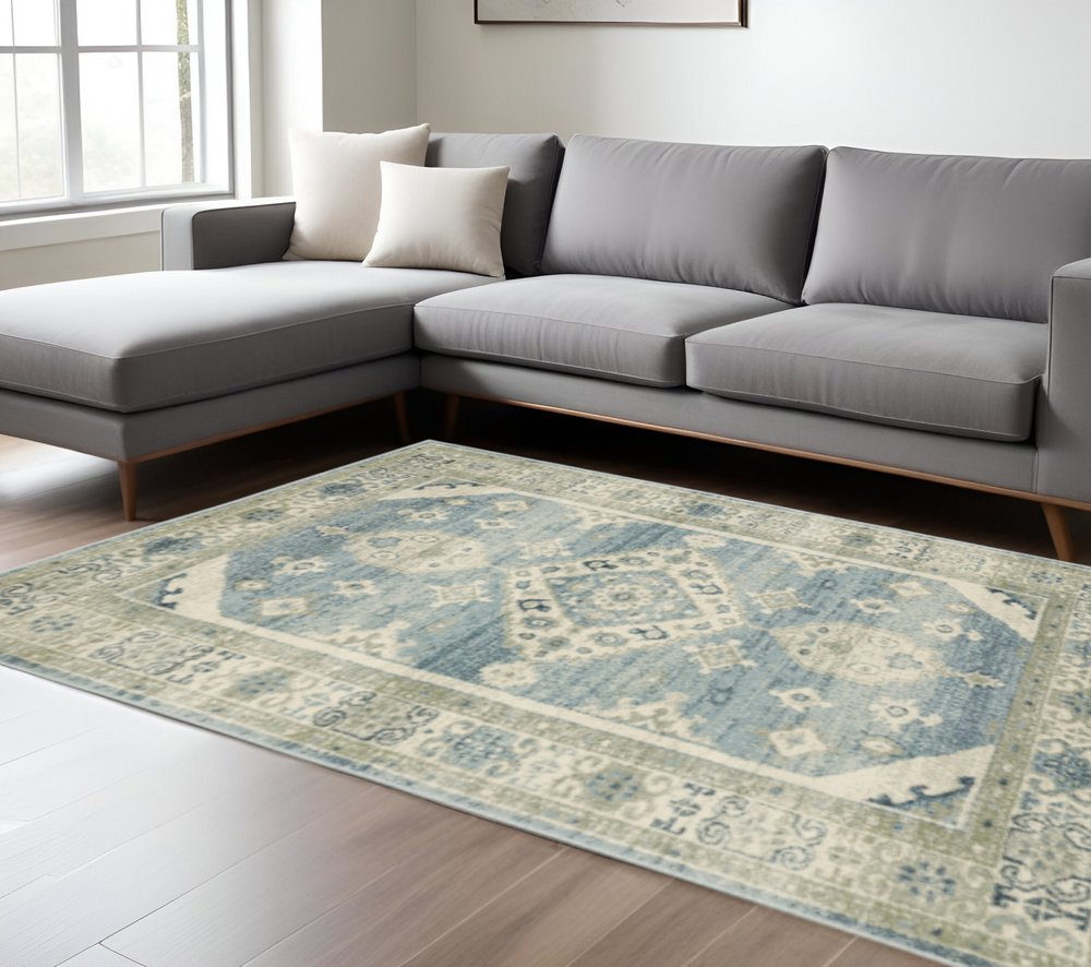 8' X 10' Blue Grey Beige And Teal Oriental Power Loom Stain Resistant Area Rug