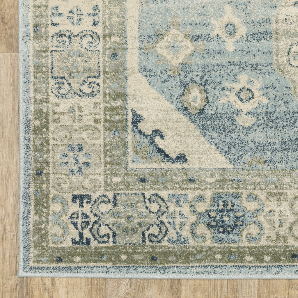 10' X 13' Blue Grey Beige And Teal Oriental Power Loom Stain Resistant Area Rug