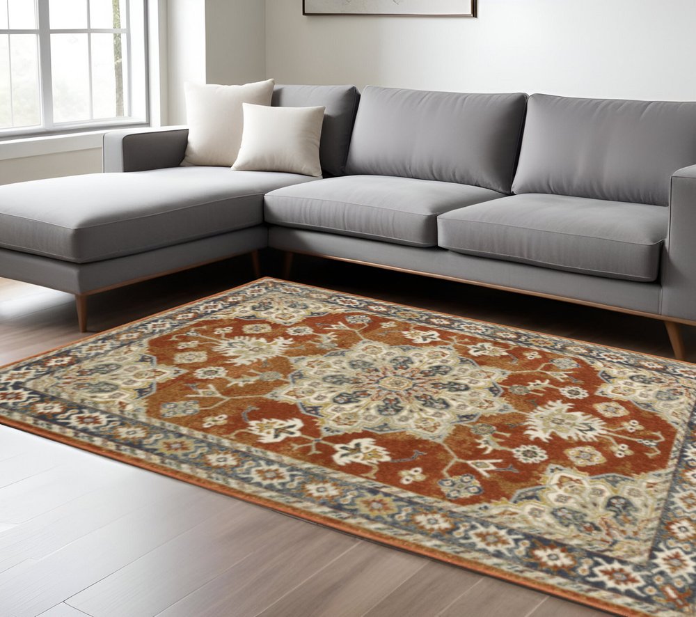 7' X 9' Blue And Beige Oriental Area Rug