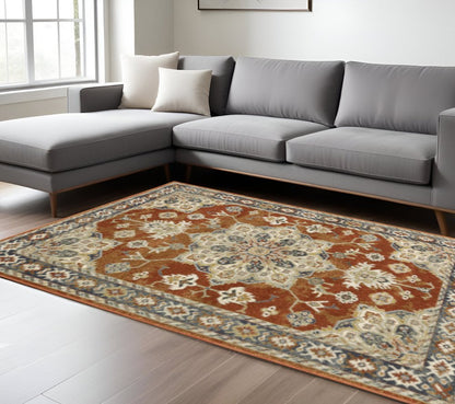 7' X 9' Blue And Beige Oriental Area Rug