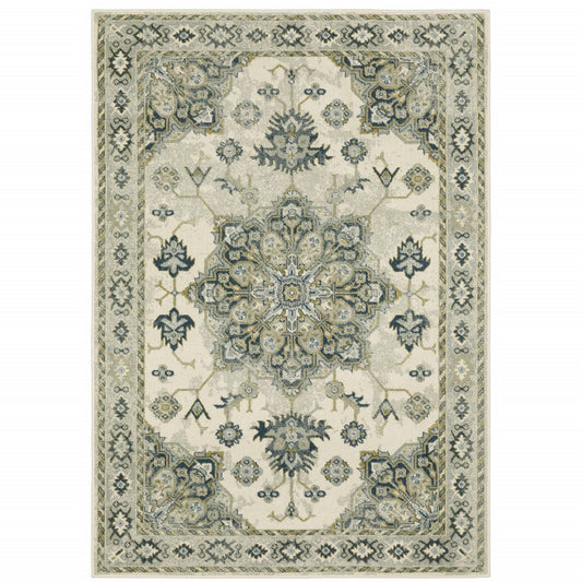 5' X 7' Ivory Blue Teal Grey And Olive Green Oriental Power Loom Stain Resistant Area Rug