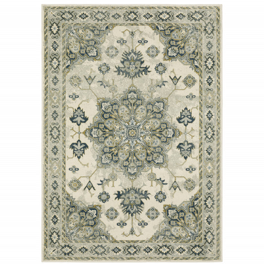 6' X 9' Ivory Blue Teal Grey And Olive Green Oriental Power Loom Stain Resistant Area Rug