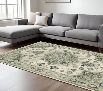 7' X 9' Ivory And Blue Oriental Distressed Area Rug