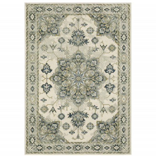 10' X 13' Ivory Blue Teal Grey And Olive Green Oriental Power Loom Stain Resistant Area Rug