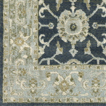 3' X 5' Teal Blue Ivory Green And Grey Oriental Power Loom Stain Resistant Area Rug