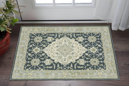 3' X 5' Teal Blue Ivory Green And Grey Oriental Power Loom Stain Resistant Area Rug