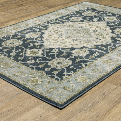 5' X 7' Teal Blue Ivory Green And Grey Oriental Power Loom Stain Resistant Area Rug