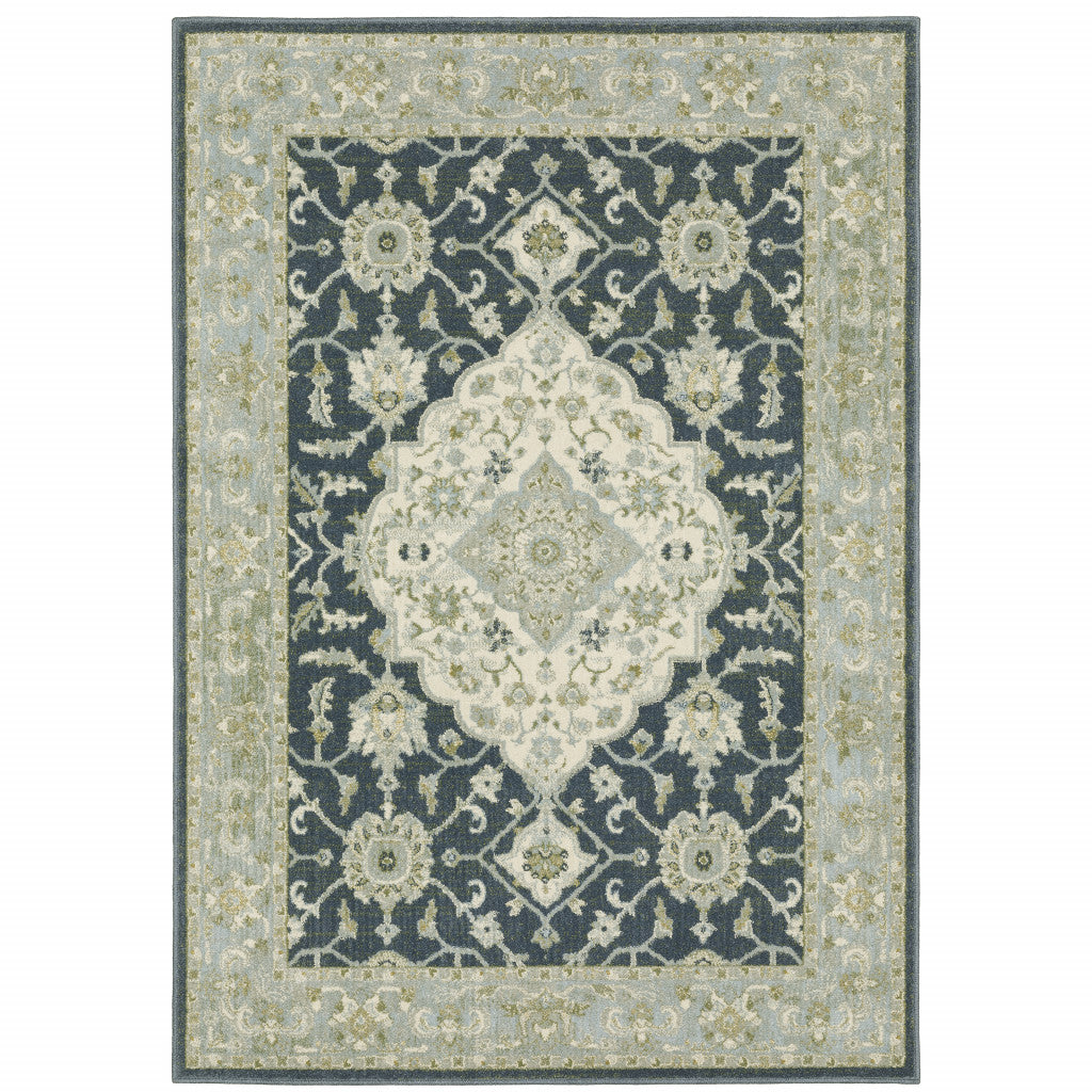 6' X 9' Teal Blue Ivory Green And Grey Oriental Power Loom Stain Resistant Area Rug