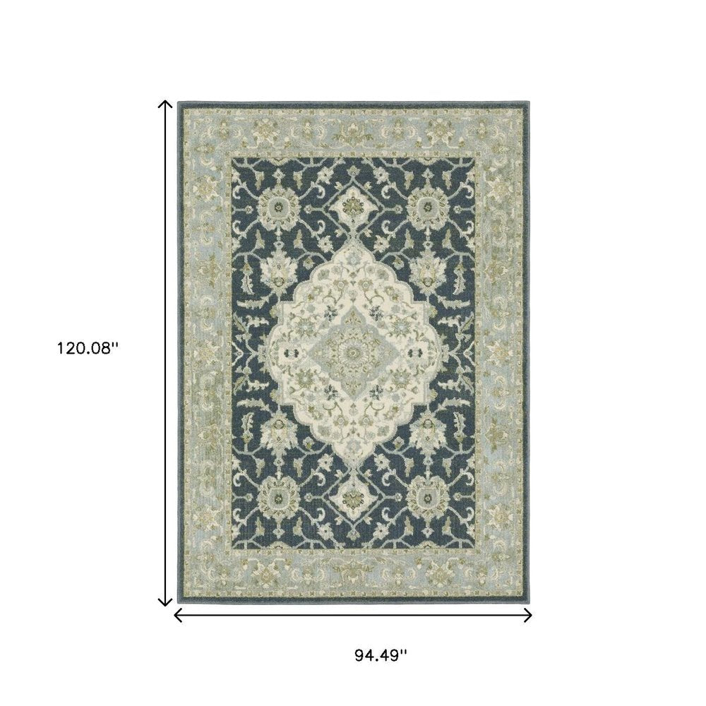 8' X 10' Teal Blue Ivory Green And Grey Oriental Power Loom Stain Resistant Area Rug
