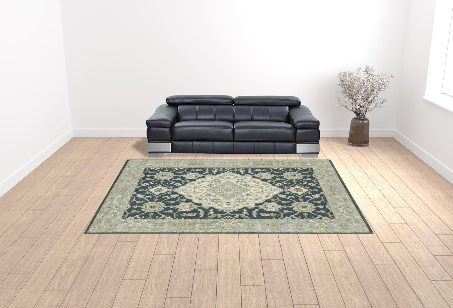 10' X 13' Teal Blue Ivory Green And Grey Oriental Power Loom Stain Resistant Area Rug