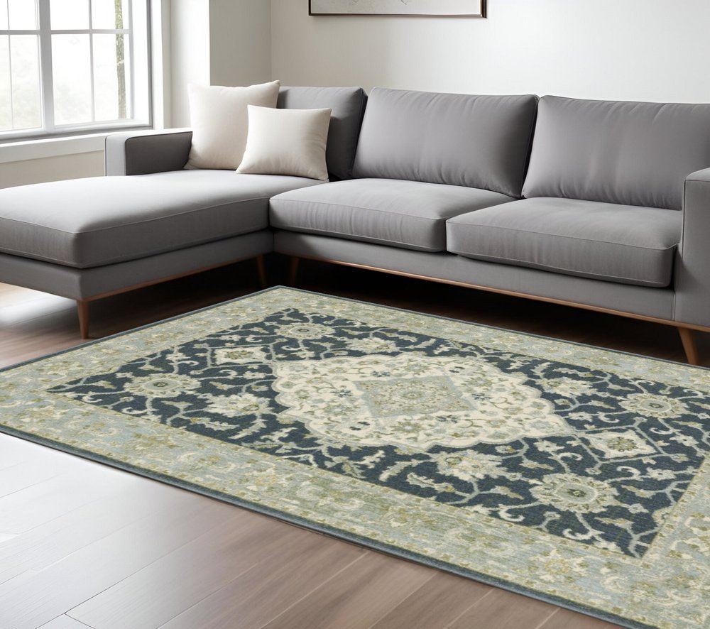 10' X 13' Teal Blue And Ivory Oriental Distressed Area Rug