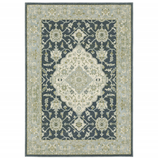 10' X 13' Teal Blue Ivory Green And Grey Oriental Power Loom Stain Resistant Area Rug