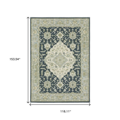 10' X 13' Teal Blue And Ivory Oriental Distressed Area Rug