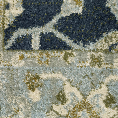 10' X 13' Teal Blue And Ivory Oriental Distressed Area Rug