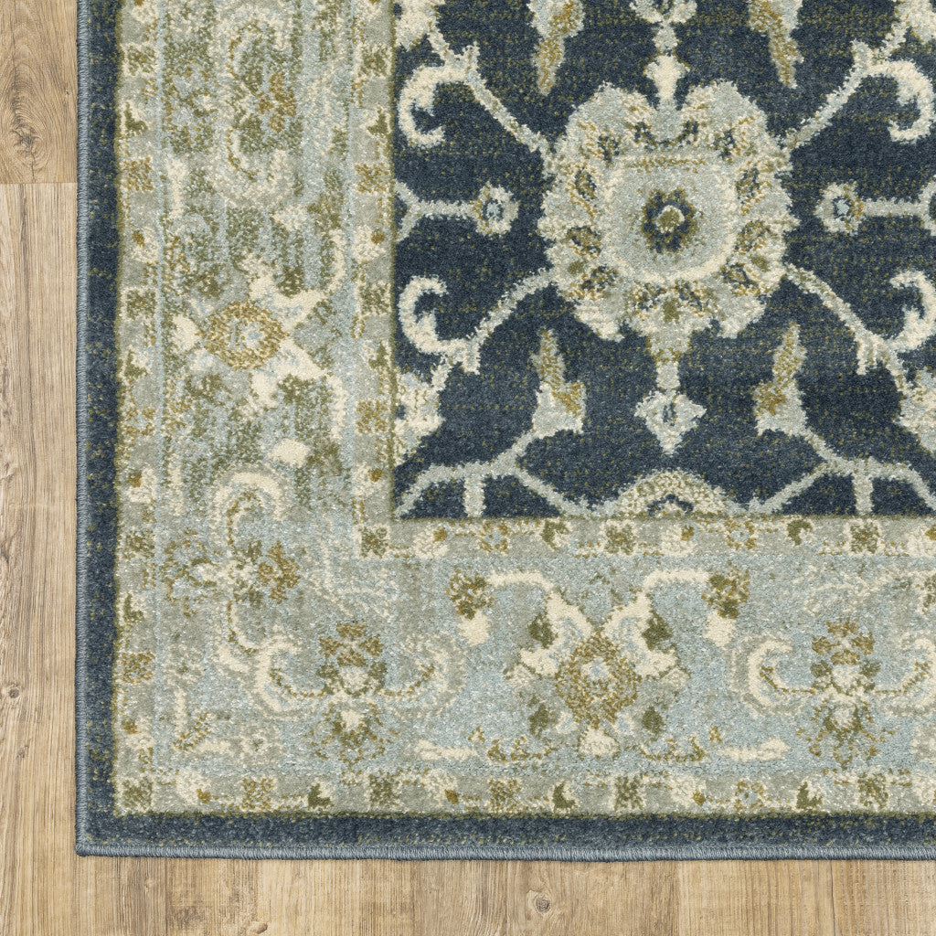 10' X 13' Teal Blue Ivory Green And Grey Oriental Power Loom Stain Resistant Area Rug