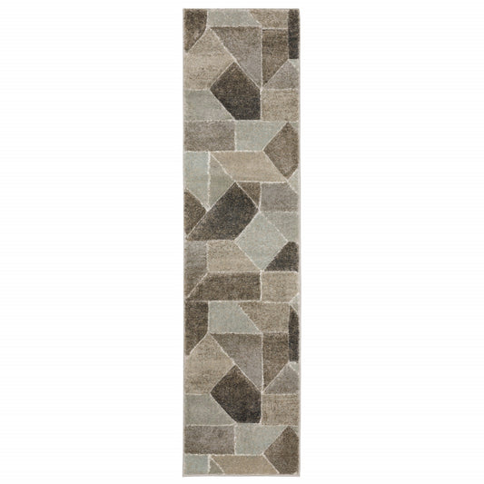 2' X 8' Grey Brown Beige Tan Taupe And Ivory Geometric Power Loom Stain Resistant Runner Rug