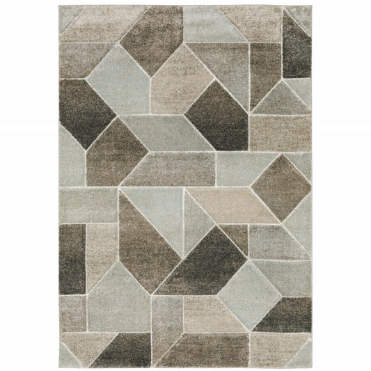 6' X 9' Grey Brown Beige Tan Taupe And Ivory Geometric Power Loom Stain Resistant Area Rug