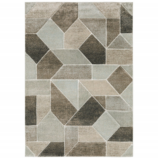8' X 11' Grey Brown Beige Tan Taupe And Ivory Geometric Power Loom Stain Resistant Area Rug