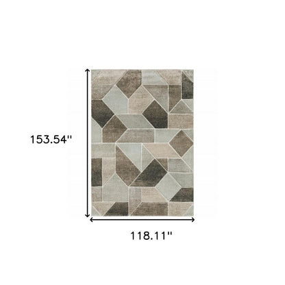 10' X 13' Grey Brown Beige Tan Taupe And Ivory Geometric Power Loom Stain Resistant Area Rug