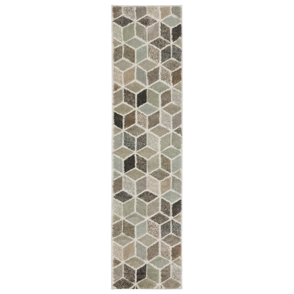 2' X 8' Beige Brown Grey Tan Sage And Pale Blue Geometric Power Loom Stain Resistant Runner Rug