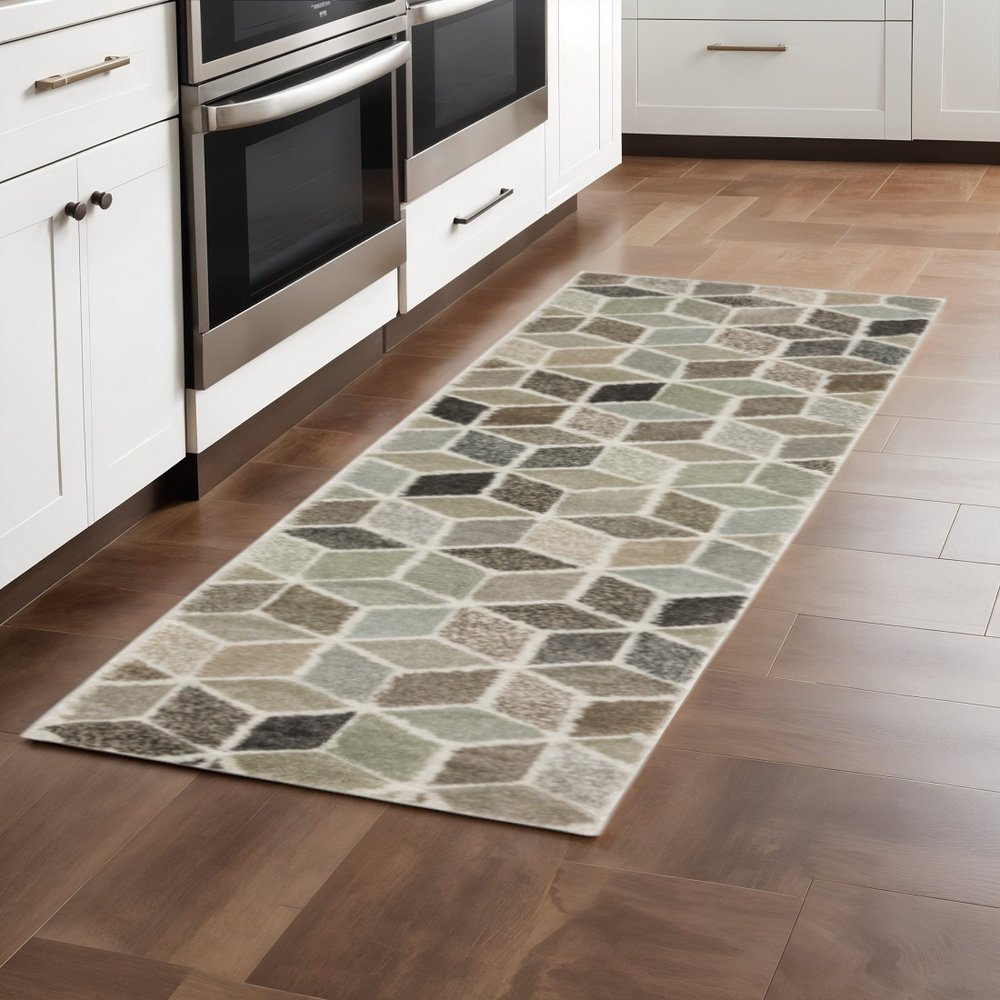 2' X 8' beige, brown, grey, tan, sage and pale blue geometric Power Loom stain-resistant runner rug