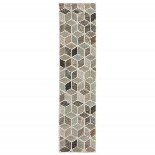2' X 8' Beige Brown Grey Tan Sage And Pale Blue Geometric Power Loom Stain Resistant Runner Rug