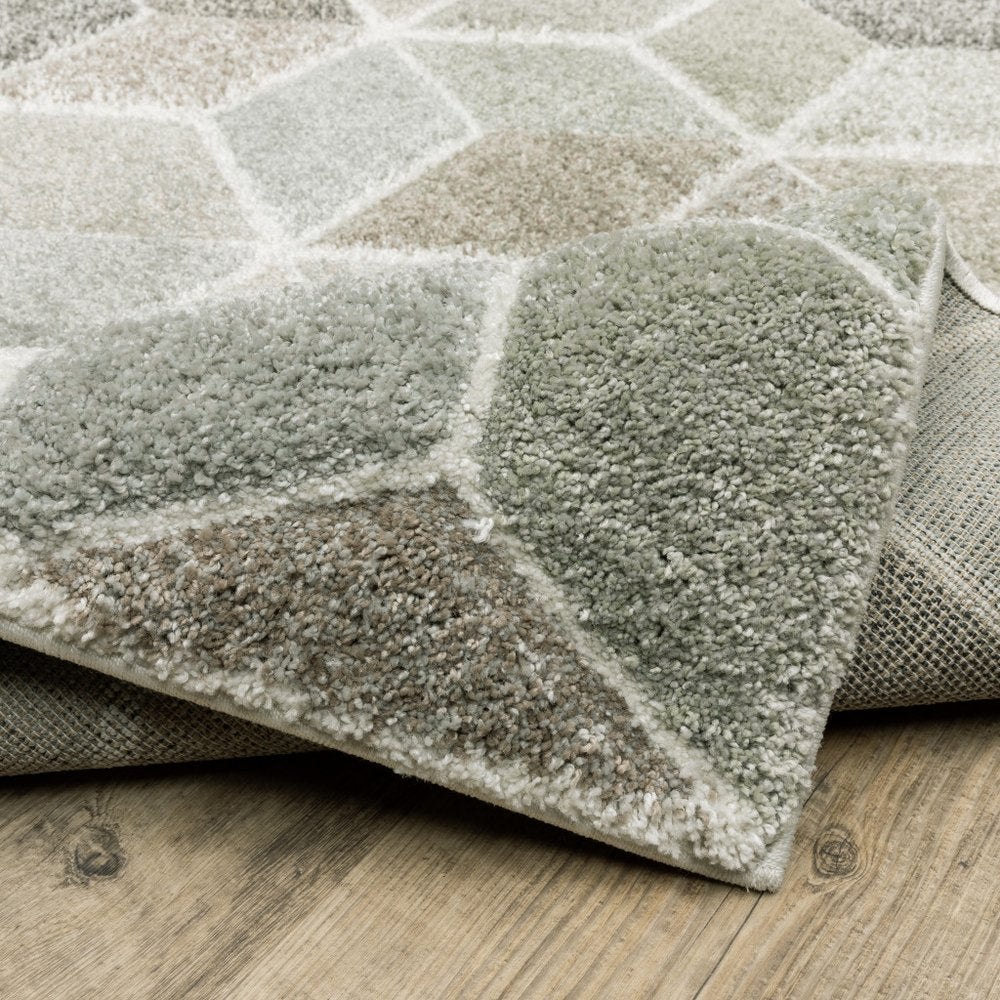 2' x 8' beige, brown, grey, tan, sage and pale blue geometric runner rug; power loom; stain resistant