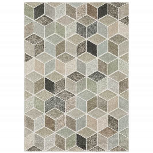 3' X 5' Beige Brown Grey Tan Sage And Pale Blue Geometric Power Loom Stain Resistant Area Rug