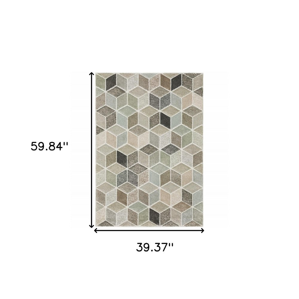 3' x 5' beige, brown, grey, tan, sage and pale blue geometric power loom stain resistant area rug