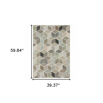 3' x 5' beige, brown, grey, tan, sage and pale blue geometric power loom stain resistant area rug