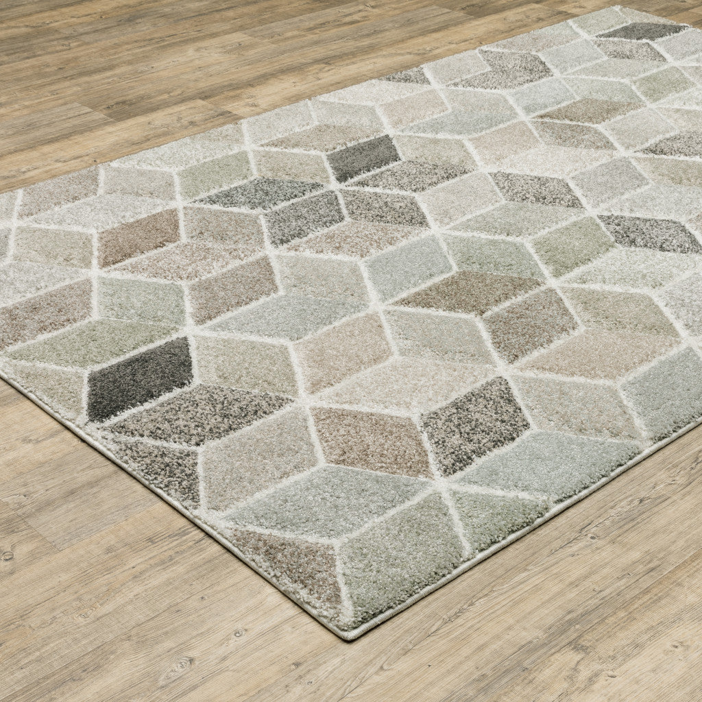 3' X 5' Beige Brown Grey Tan Sage And Pale Blue Geometric Power Loom Stain Resistant Area Rug