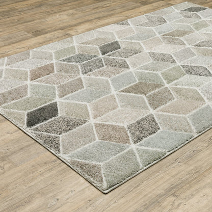 3' x 5' beige, brown, grey, tan, sage and pale blue geometric power loom stain resistant area rug