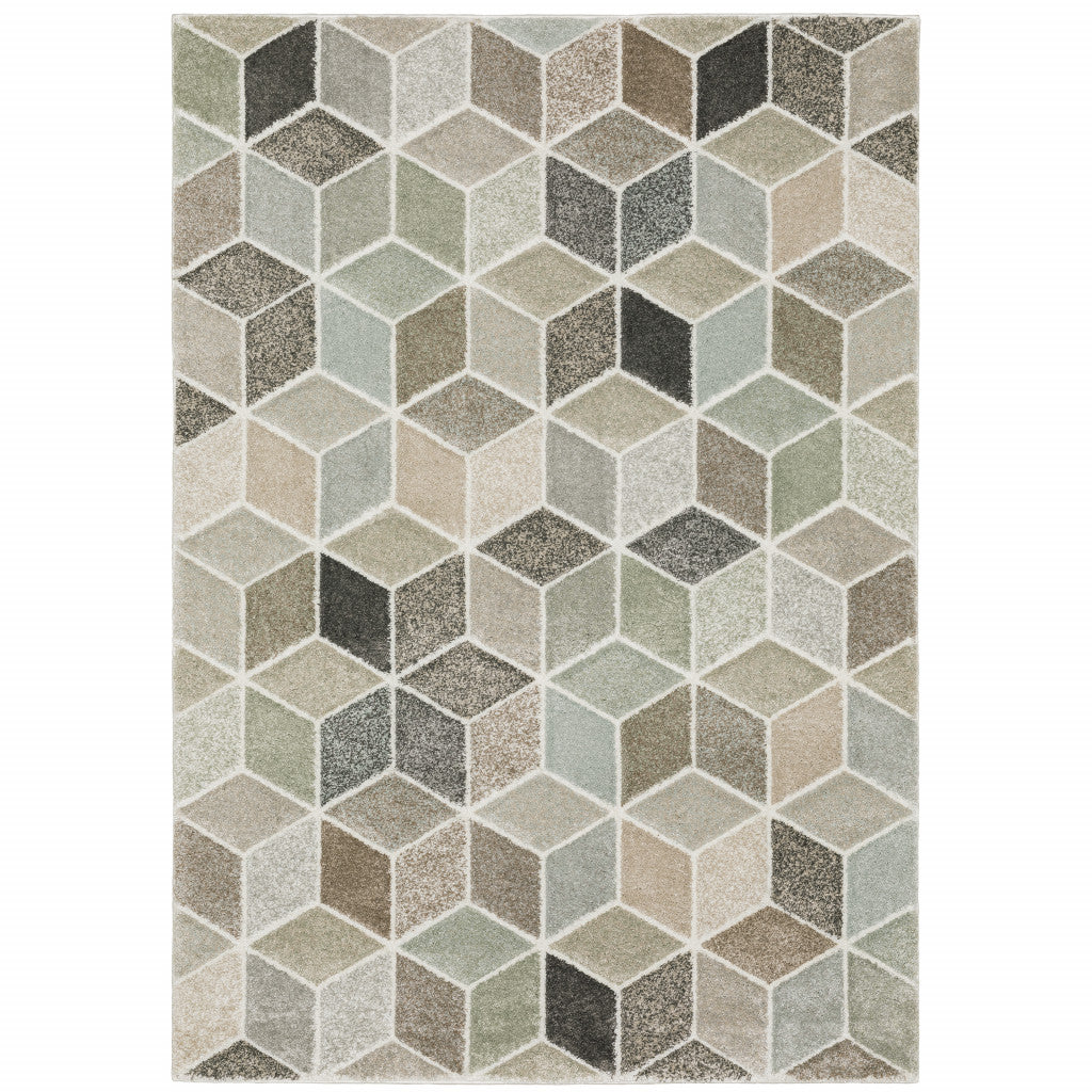 6' X 9' Beige Brown Grey Tan Sage And Pale Blue Geometric Power Loom Stain Resistant Area Rug