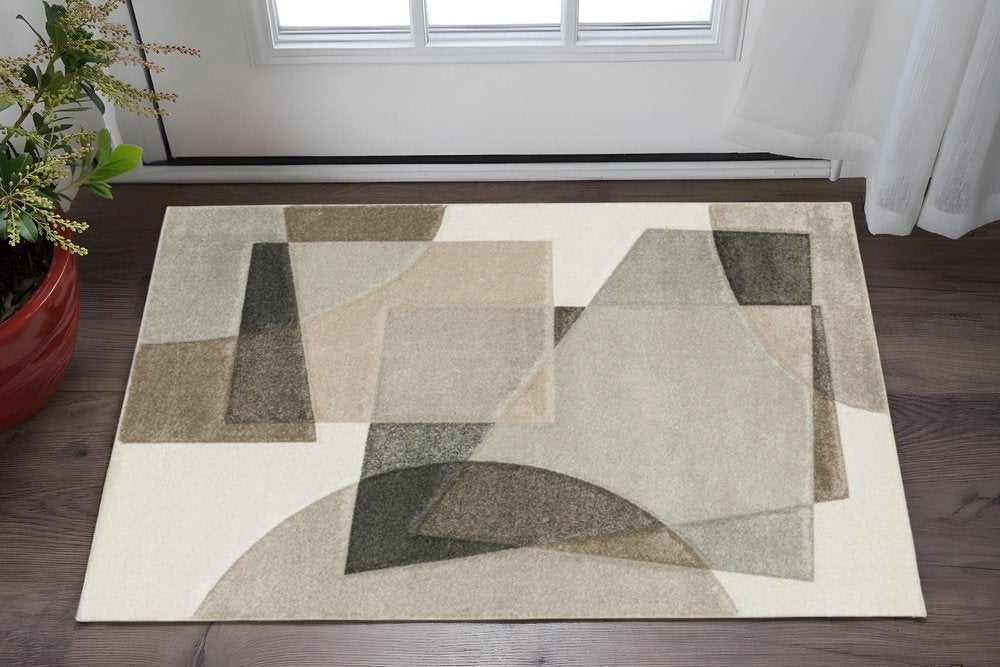 3' X 5' Beige Geometric Power Loom Stain Resistant Area Rug