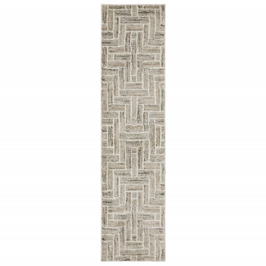 2' X 8' Beige And Ivory Geometric Power Loom Runner Rug