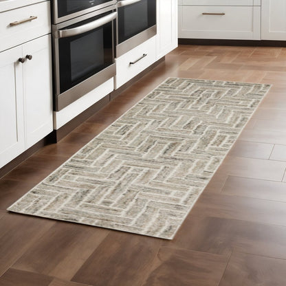2' X 8' Beige And Ivory Geometric Power Loom Runner Rug