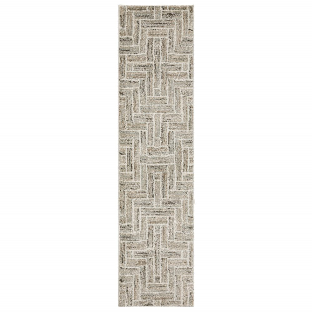 2' X 8' Beige And Ivory Geometric Power Loom Runner Rug