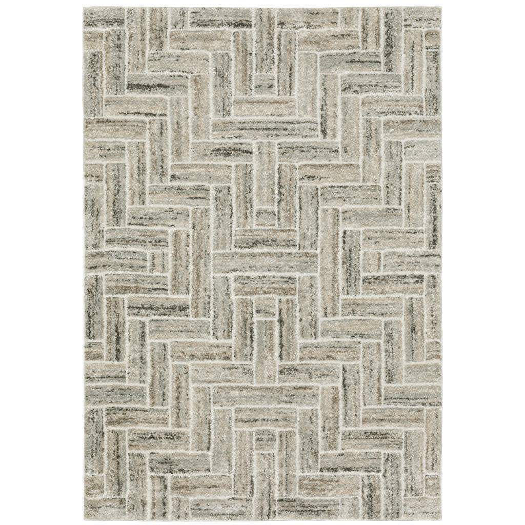 3' X 5' Ivory Beige Grey Brown Pale Blue And Charcoal Geometric Power Loom Stain Resistant Area Rug
