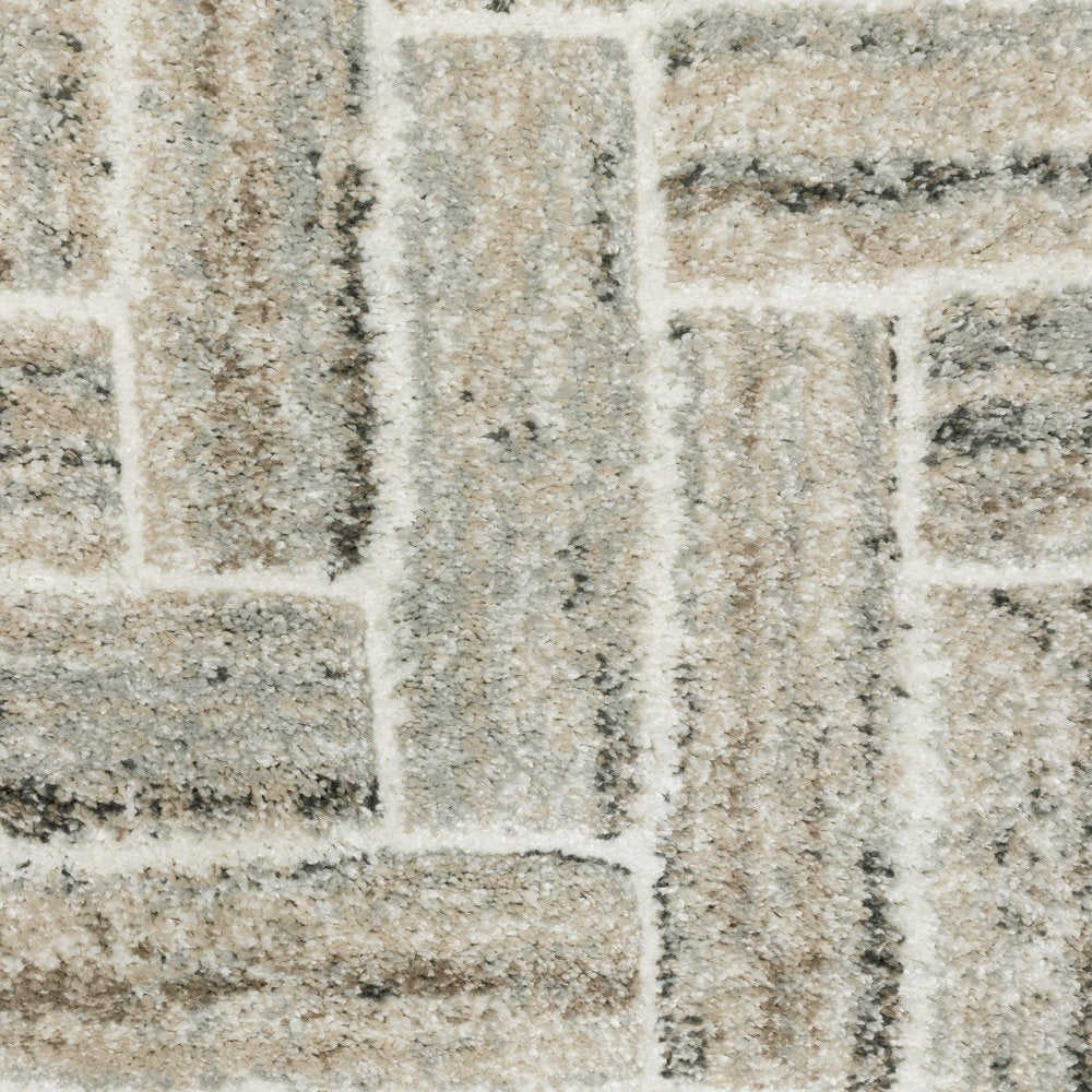 3' X 5' Ivory Beige Grey Brown Pale Blue And Charcoal Geometric Power Loom Stain Resistant Area Rug