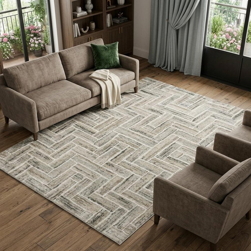 7' X 10' Ivory And Beige Geometric Area Rug