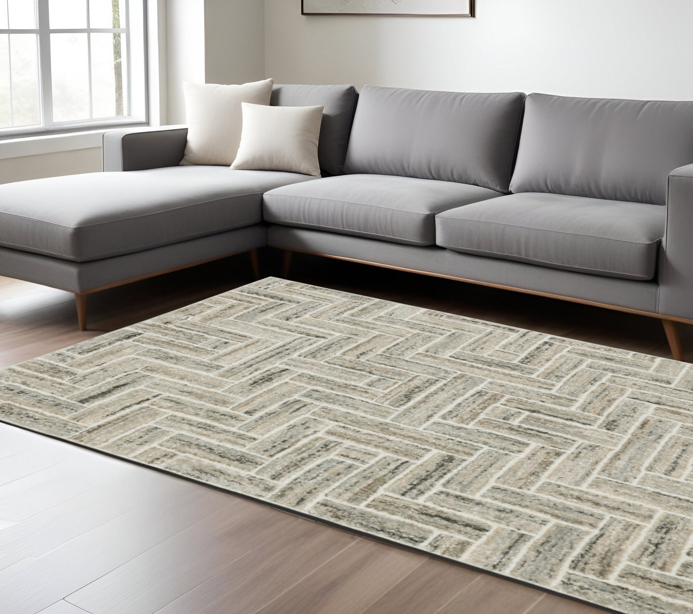 7' X 10' Beige and Ivory Geometric Power Loom Area Rug