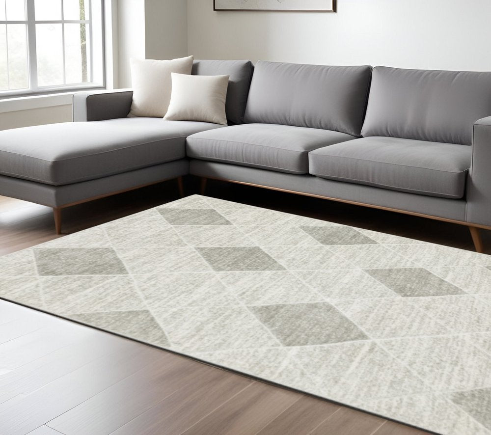 10' X 13' Grey And Ivory Geometric Power Loom Stain Resistant Area Rug